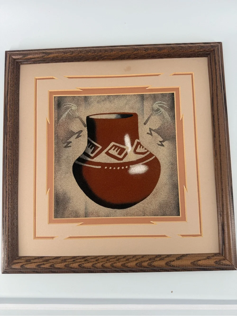 Herman Tyler Jr Authentic Navajo Sandpainting Framed Pottery Kokopelli 14X14 EUC